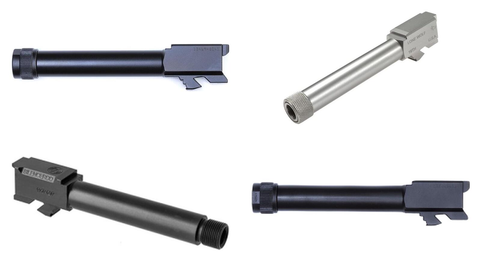 Four Glock 19 threaded barrels from GLOCK, Lone Wolf and SilencerCo on a white background