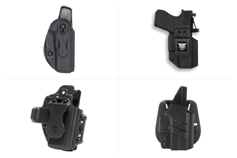 Four Glock 43X holsters: Safariland Species, We The People red dot ready, Alien Gear Photon and 1791 Tactical Kydex paddle