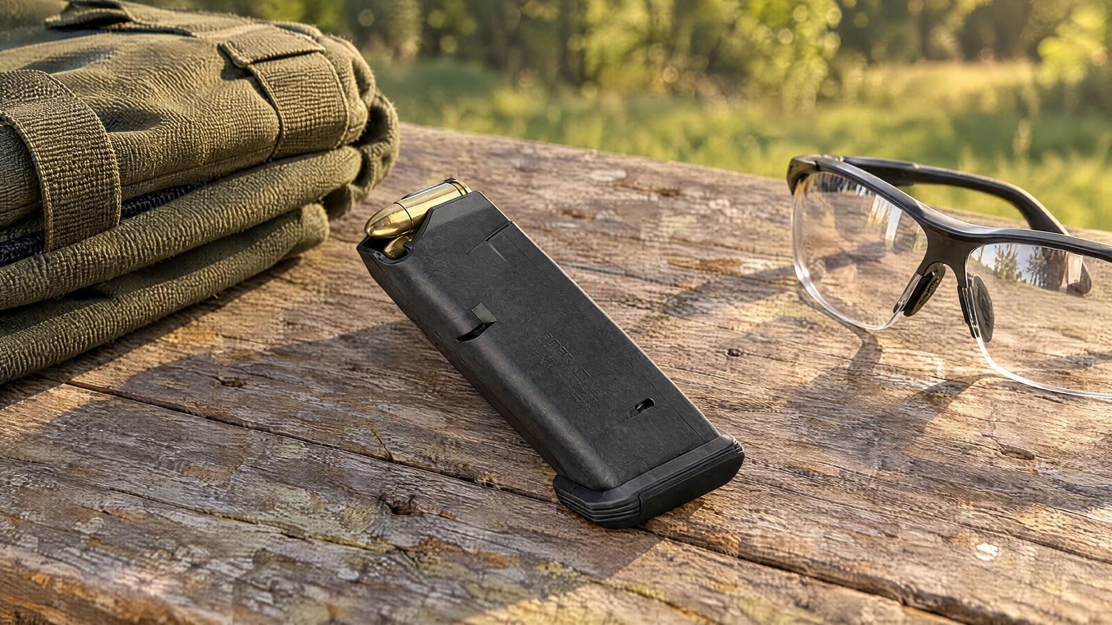 Black polymer Glock pistol magazine lying flat on a weathered wooden range bench beside a range bag and safety glasses