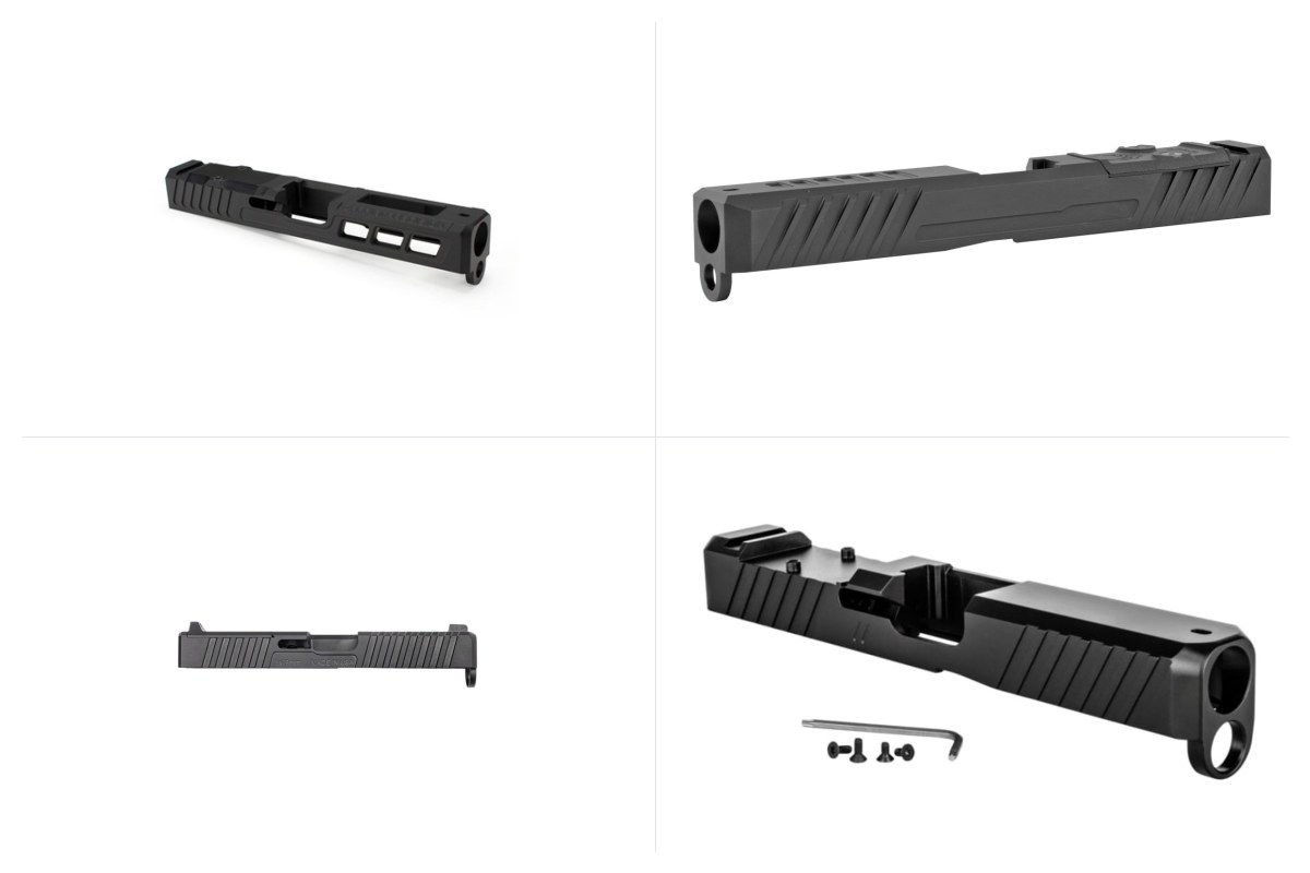 Four aftermarket Glock slides: Zaffiri ZPS.3, Grey Ghost Precision GGP17 V3, Noveske DM and ZEV Z19 Duty