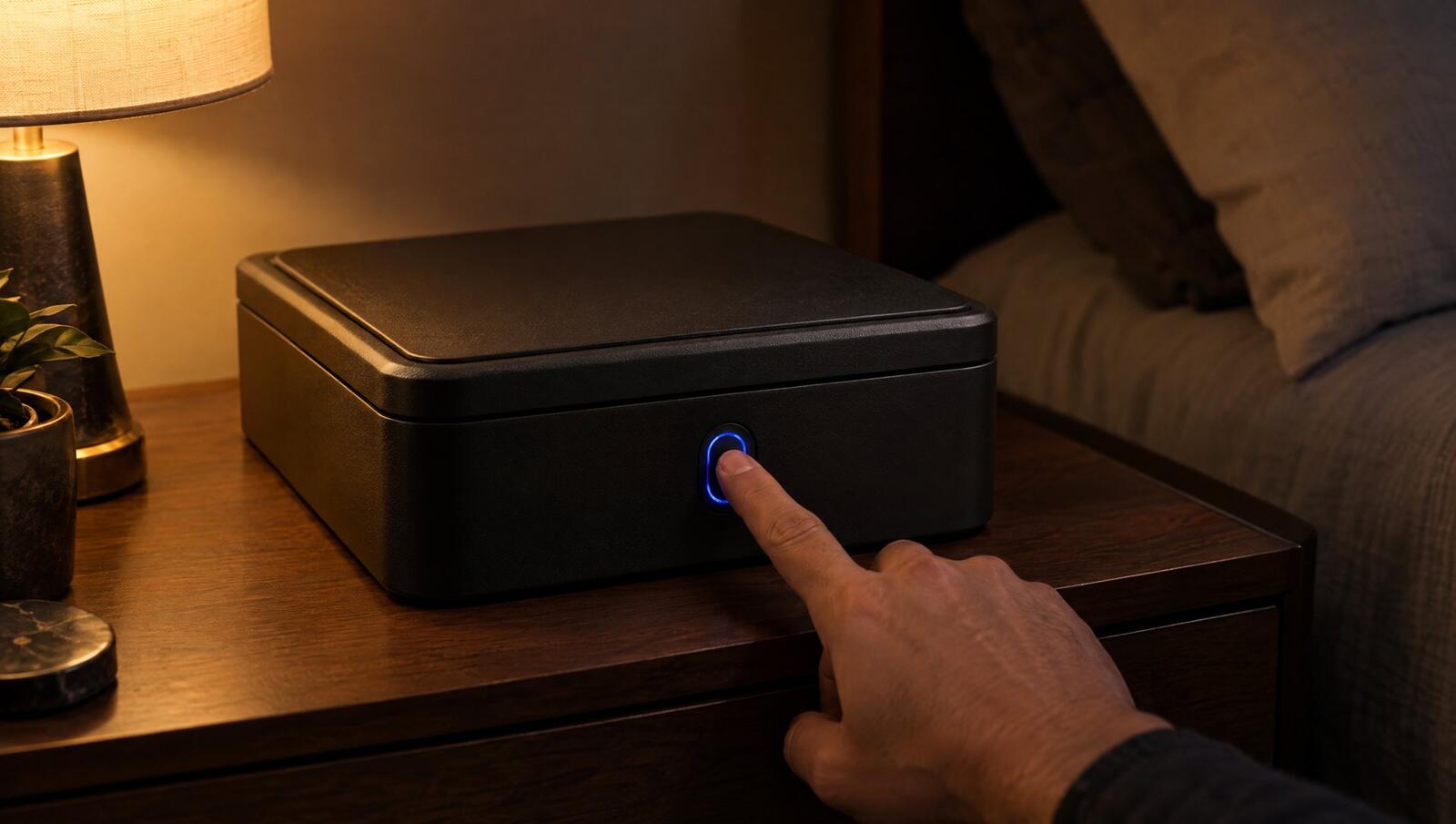 Finger on the fingerprint sensor of a biometric gun safe on a bedroom nightstand