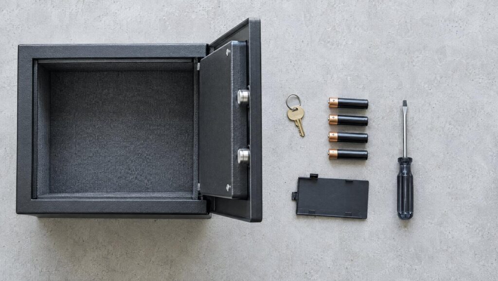 Open biometric pistol safe with its batteries removed, backup key and screwdriver beside it