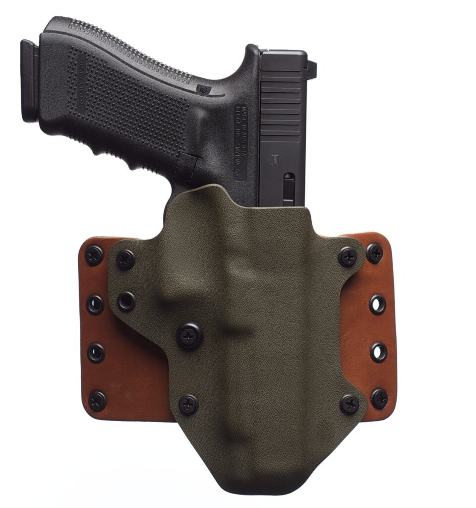 Black Point Tactical Leather Wing OWB holster in OD green Kydex on tan leather with a Glock