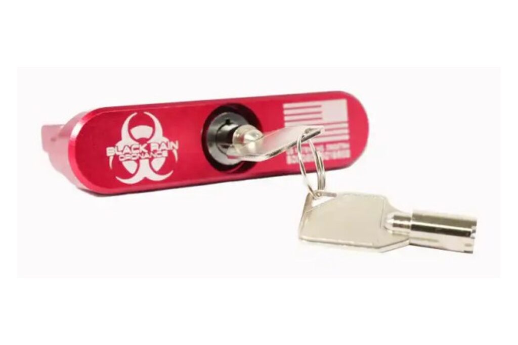 Black Rain Ordnance red anodized AR-15 chamber lock with keys