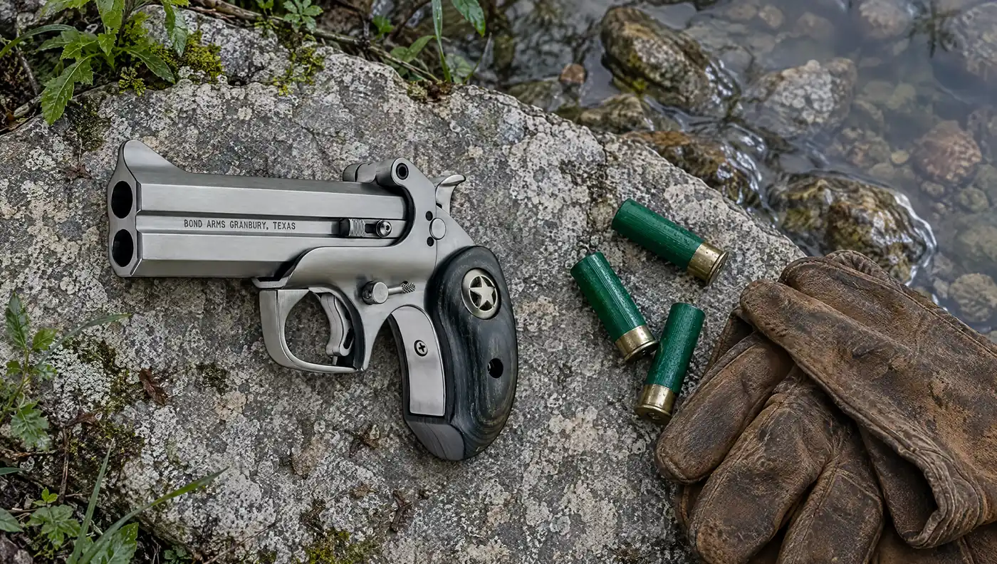 Bond Arms Ranger II derringer lying on a limestone slab by a creek beside green .410 shotgun shells and worn leather work gloves