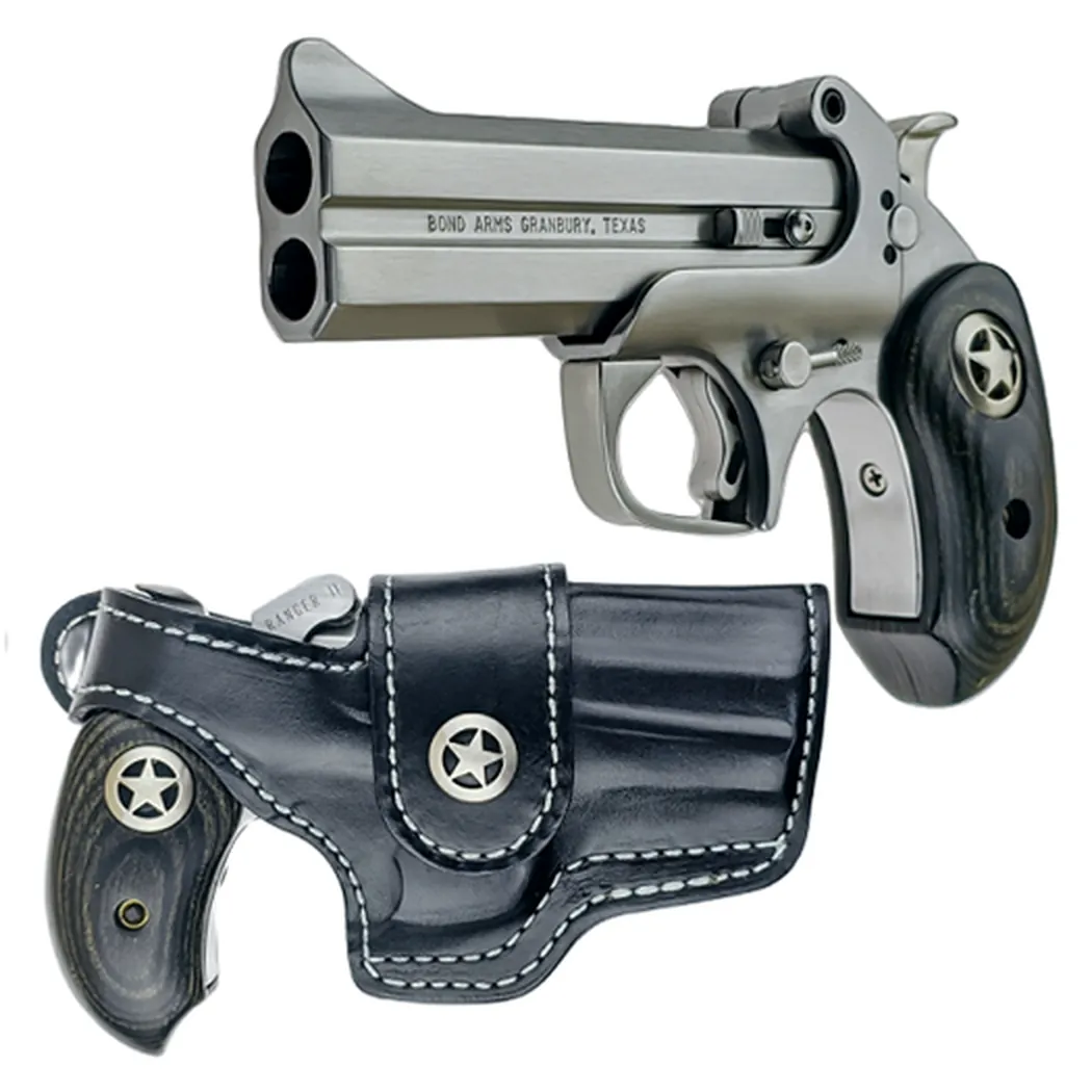 Bond Arms Ranger II with its extended black ash Lone Star grip and the black Ranger II driving holster that comes in the box, Bond Arms photo