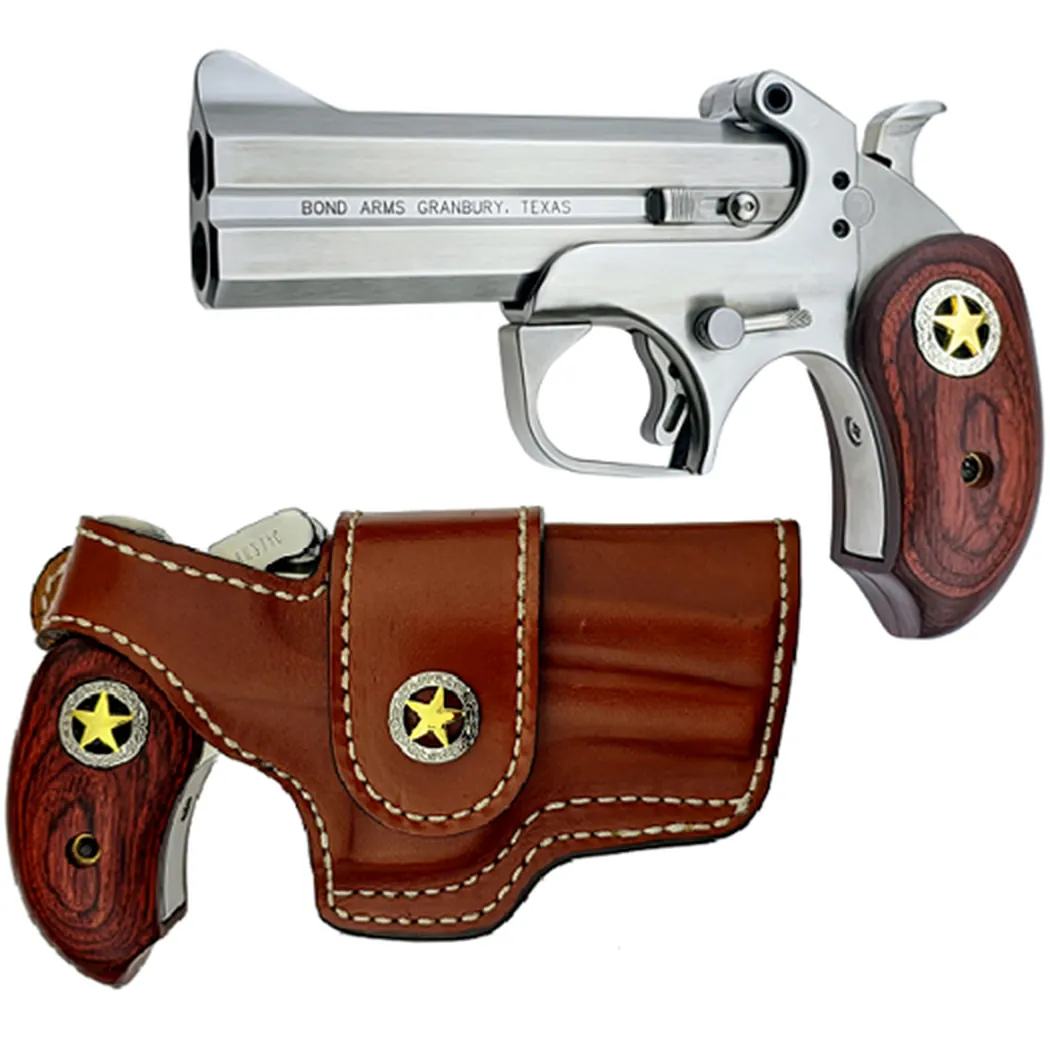 Bond Arms Rustic Ranger variant with extended rosewood star grips and a natural leather driving holster, Bond Arms photo