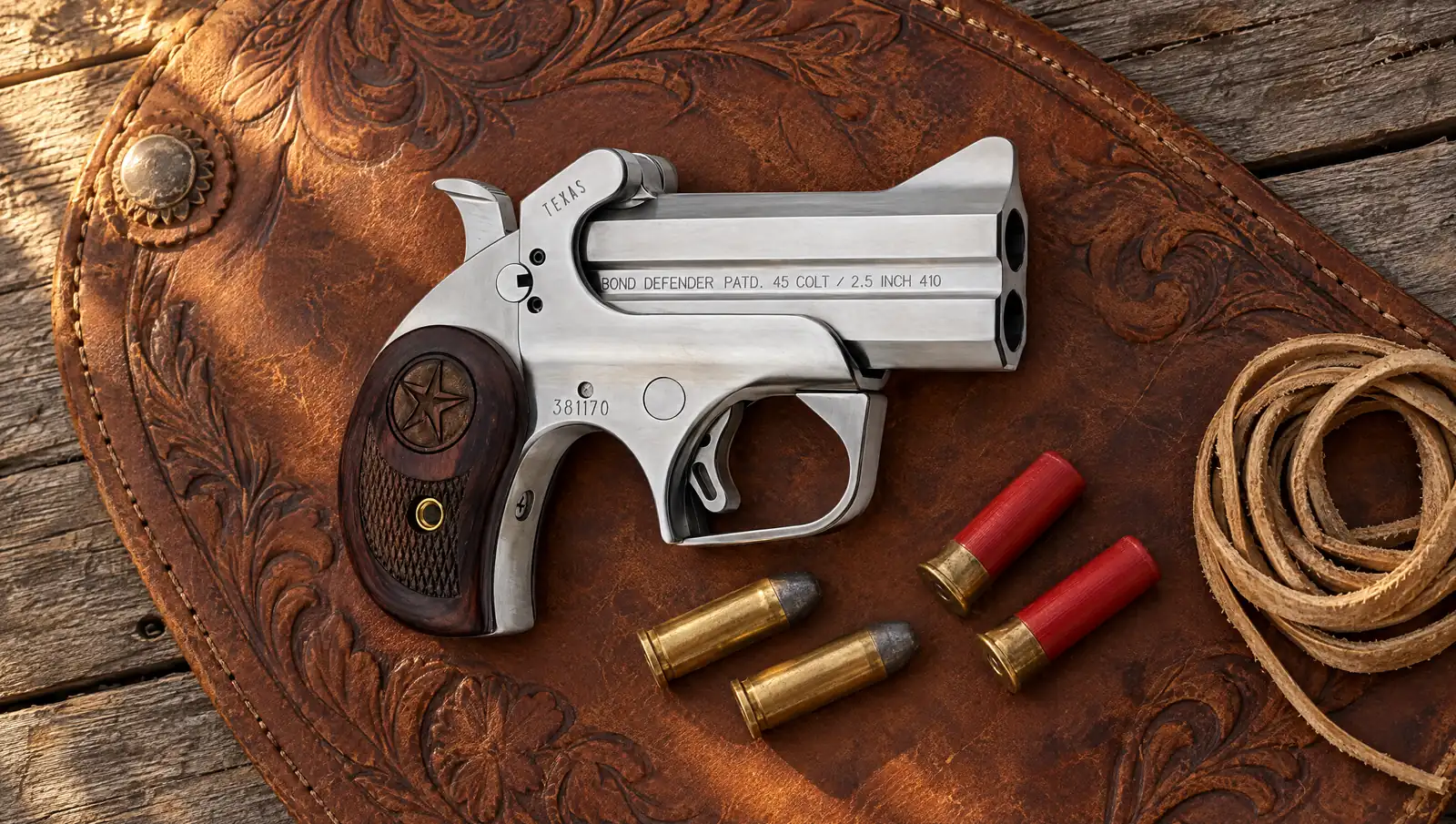 Bond Arms Texas Defender stainless two-shot derringer with a rosewood star grip, barrel marked BOND DEFENDER PATD. 45 COLT / 2.5 INCH 410, lying on tooled saddle leather beside .45 Colt cartridges and .410 shells