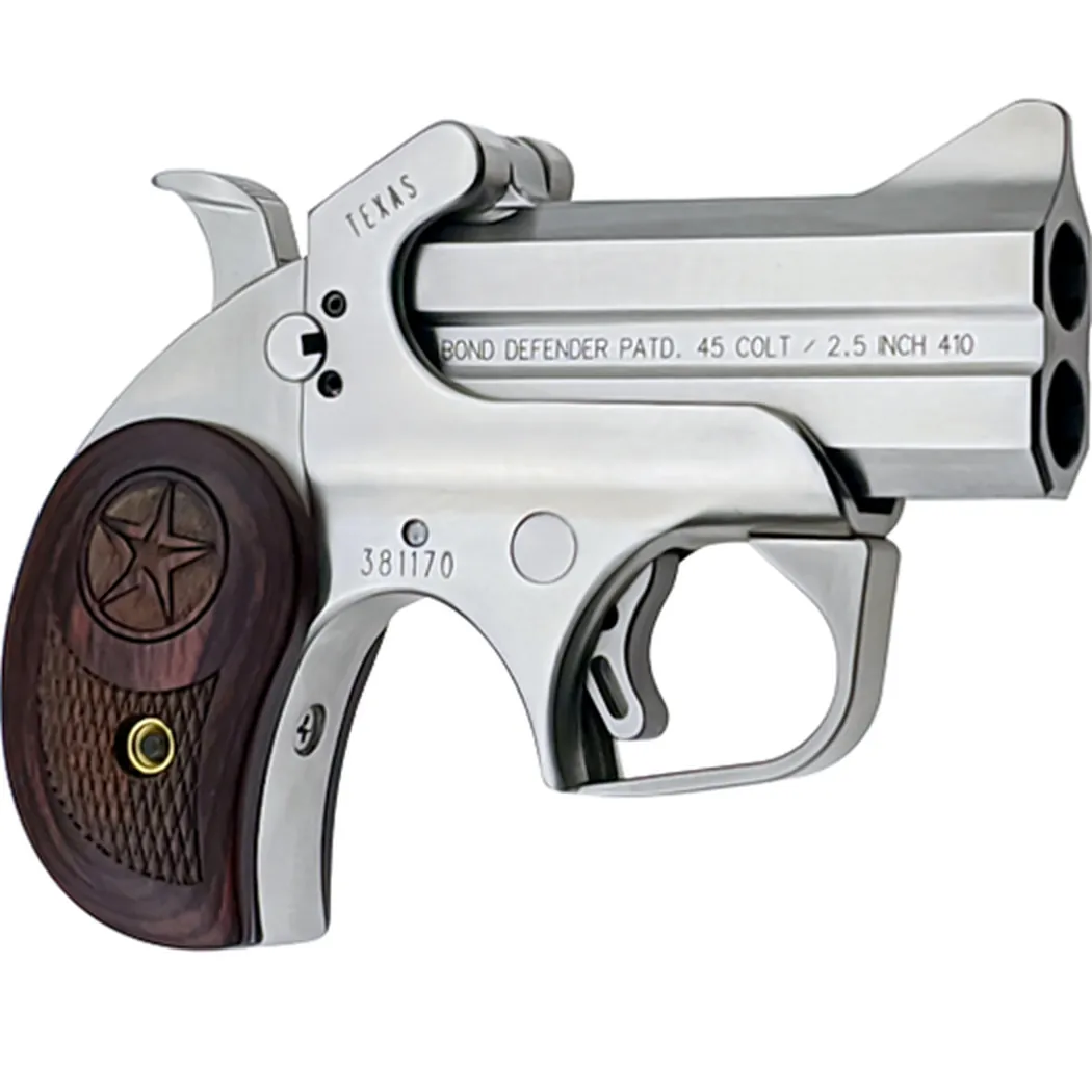 Bond Arms Texas Defender BATD right side showing the over-under barrels, trigger guard and Texas star rosewood grip, Bond Arms photo