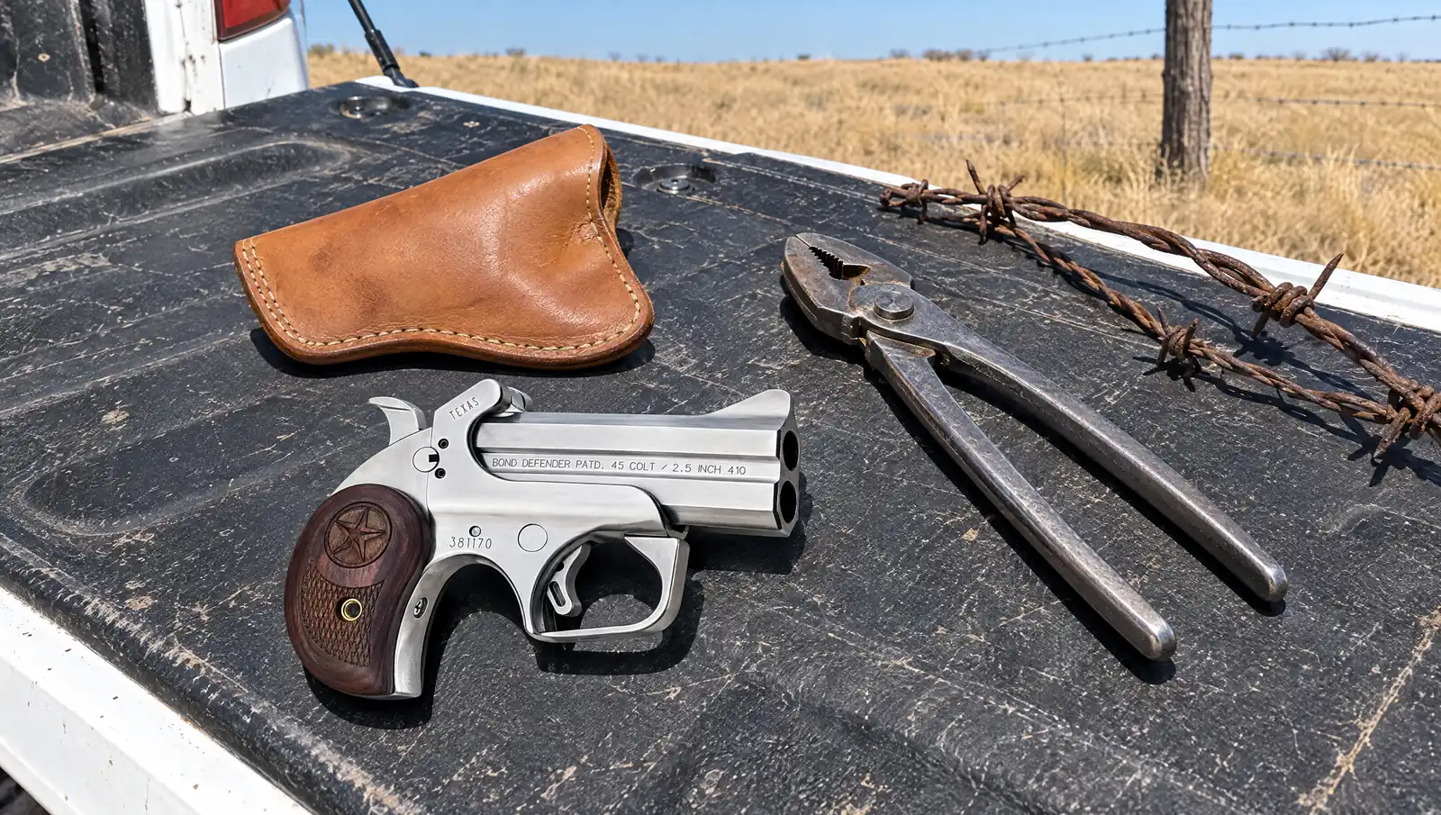 Bond Arms Texas Defender derringer lying on a ranch truck tailgate beside a leather pocket holster, fencing pliers and barbed wire