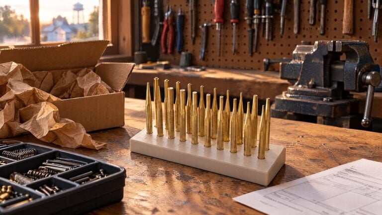 Brass punch bench set on a gunsmith workbench next to an opened shipping box, for our Brownells review