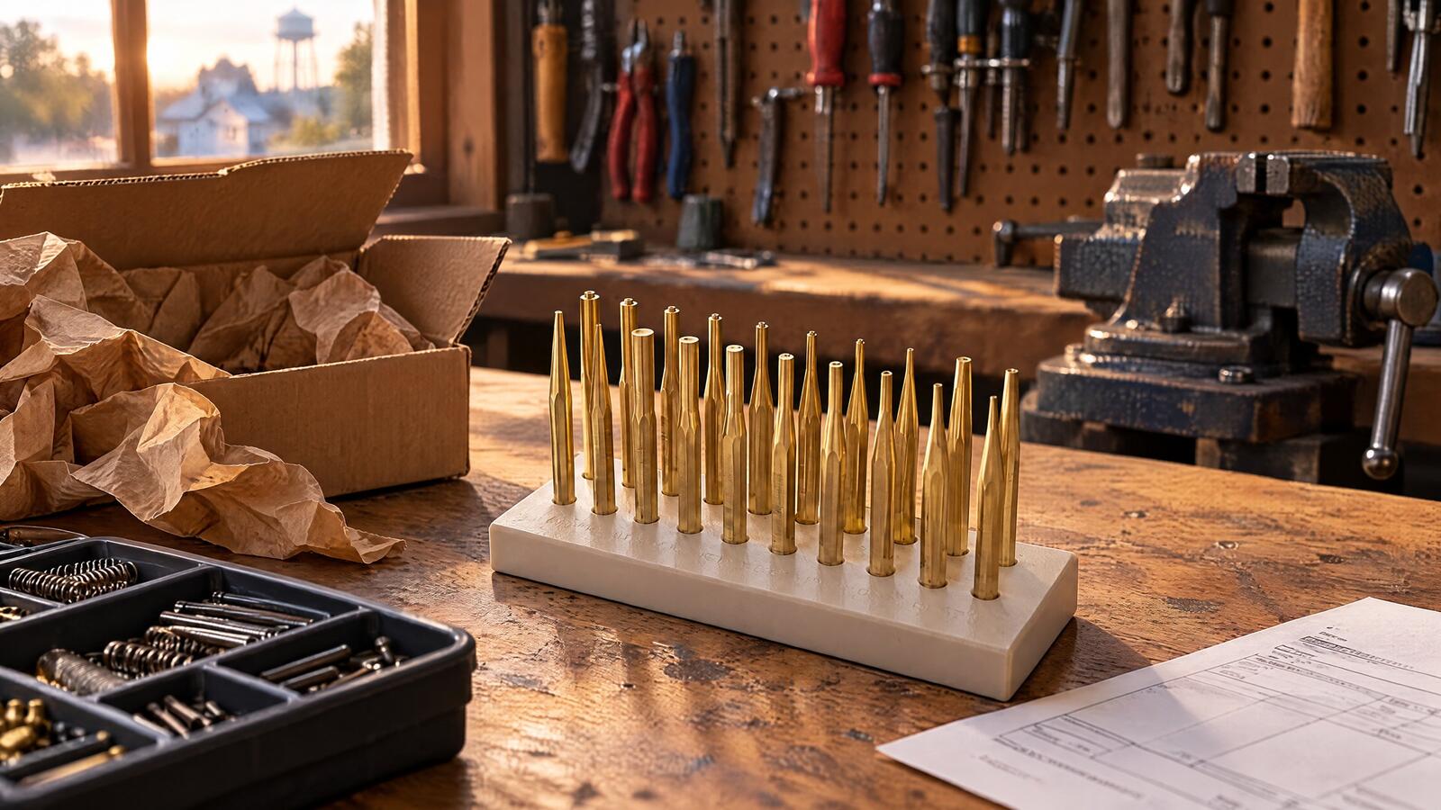 Brass punch bench set on a gunsmith workbench next to an opened shipping box, for our Brownells review