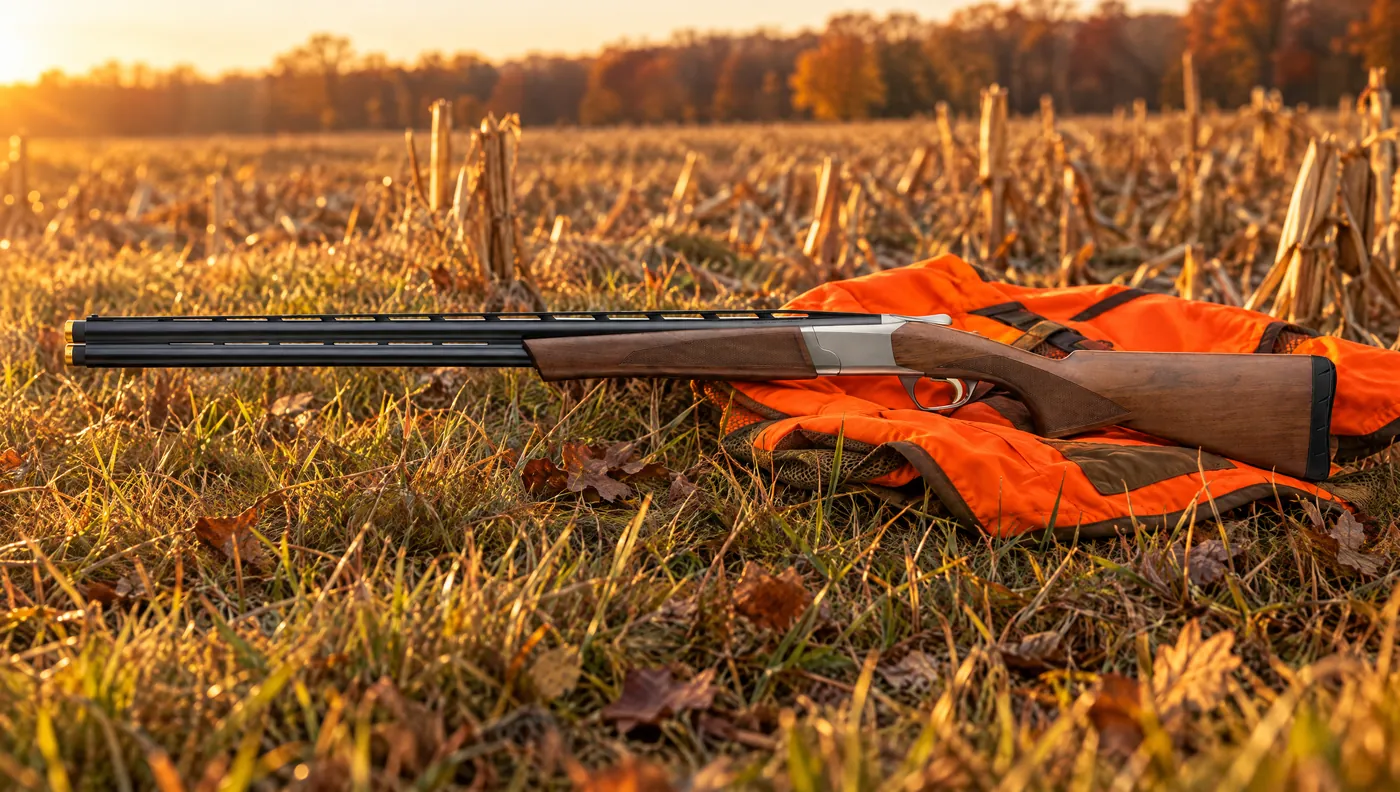 Browning Cynergy CX over and under lying on autumn grass at the edge of a cut corn field beside a blaze orange upland vest at sunset