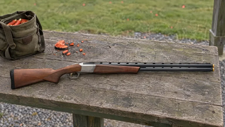 Browning Cynergy CX over and under shotgun with a silver nitride receiver and satin walnut stock lying on a wooden bench at a sporting clays station beside a shell pouch