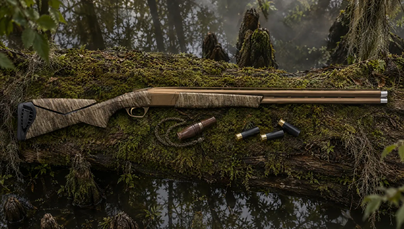Browning Cynergy Wicked Wing 12 gauge over and under shotgun with Burnt Bronze Cerakote barrels and a Mossy Oak Bottomland composite stock lying on a mossy log in flooded timber beside a duck call and three shotgun shells