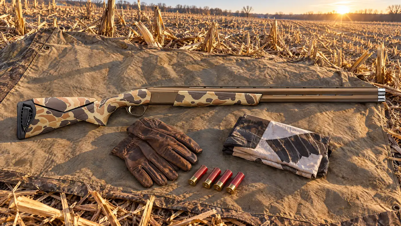 Browning Cynergy Wicked Wing over and under shotgun in Vintage Tan camo lying on a layout blind cover in a cut corn field at sunrise beside leather gloves, a goose flag and four shotgun shells