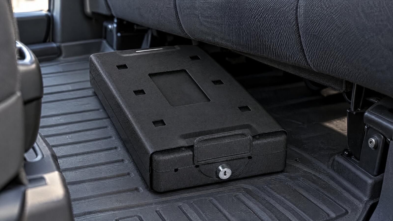 Bulldog Car Vault steel lock box on the floor of a pickup truck cab under the rear seat