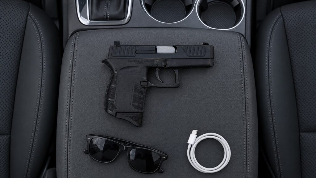 Diamondback DB9 pistol lying flat on a car center console lid beside sunglasses and a charging cable