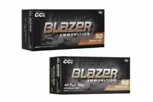 CCI Blazer Brass boxes of 357 Mag 158 grain FMJ (part 5337) and 44 Rem Mag 240 grain FMJ (part 5244), 50 rounds each
