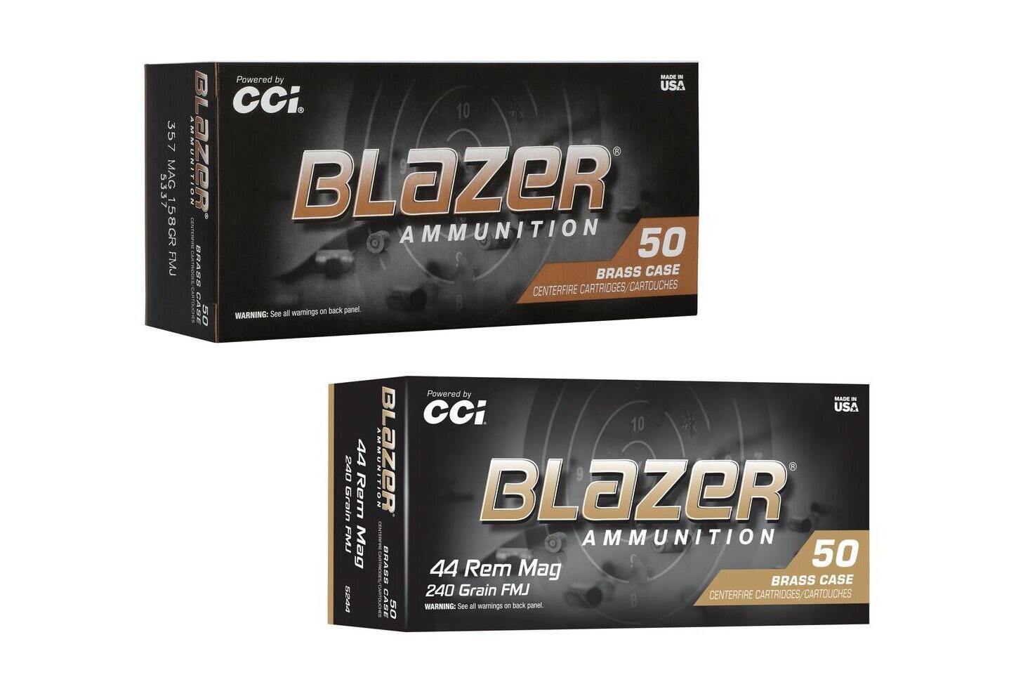 CCI Blazer Brass boxes of 357 Mag 158 grain FMJ (part 5337) and 44 Rem Mag 240 grain FMJ (part 5244), 50 rounds each