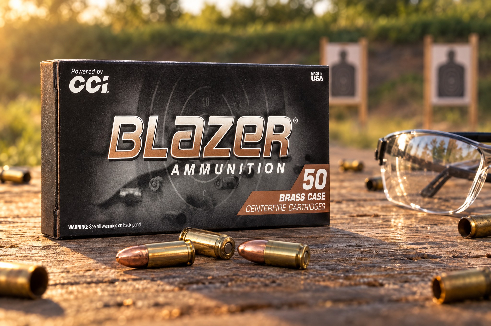 CCI Blazer Brass review: a box of Blazer Brass 9mm 115 gr FMJ on a wooden shooting bench at an outdoor pistol range