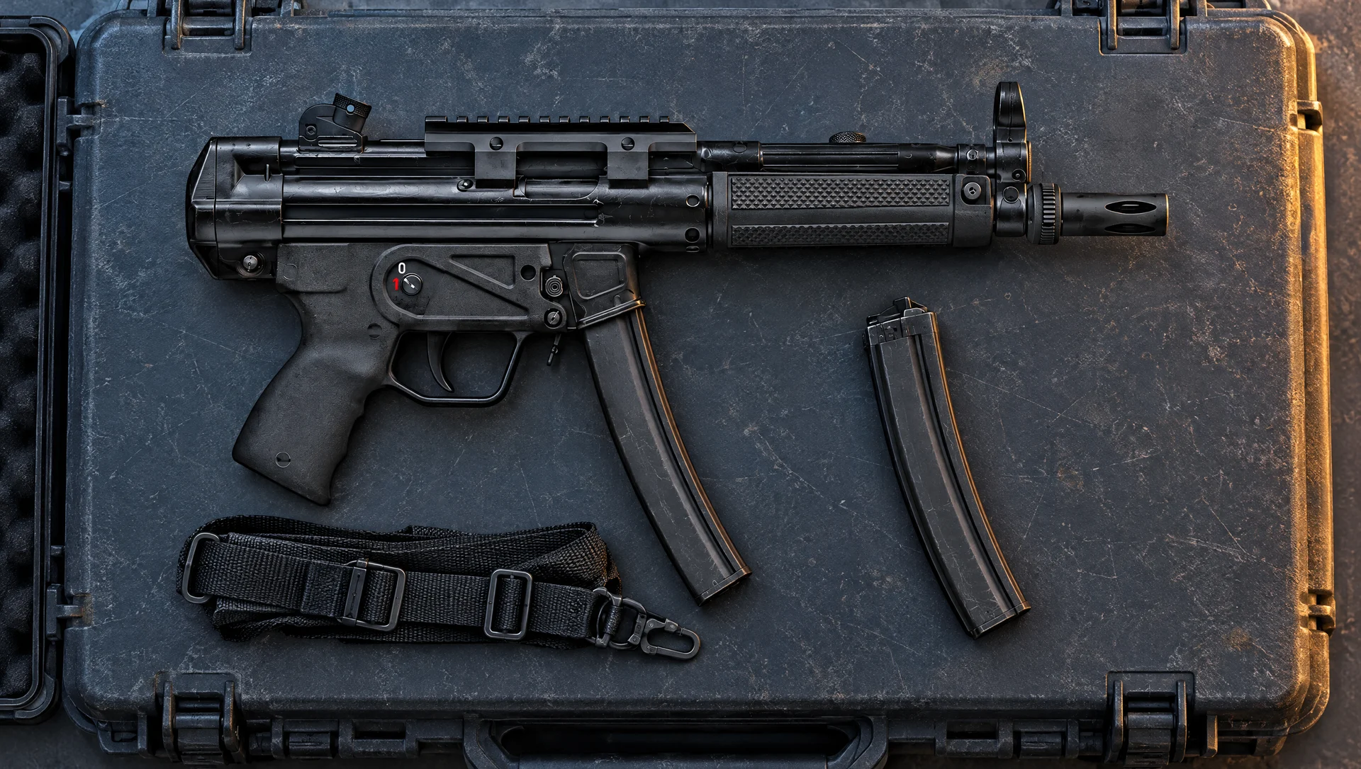 Century Arms AP5 9mm lying flat on a grey hard case lid beside a spare 30 round magazine and a sling