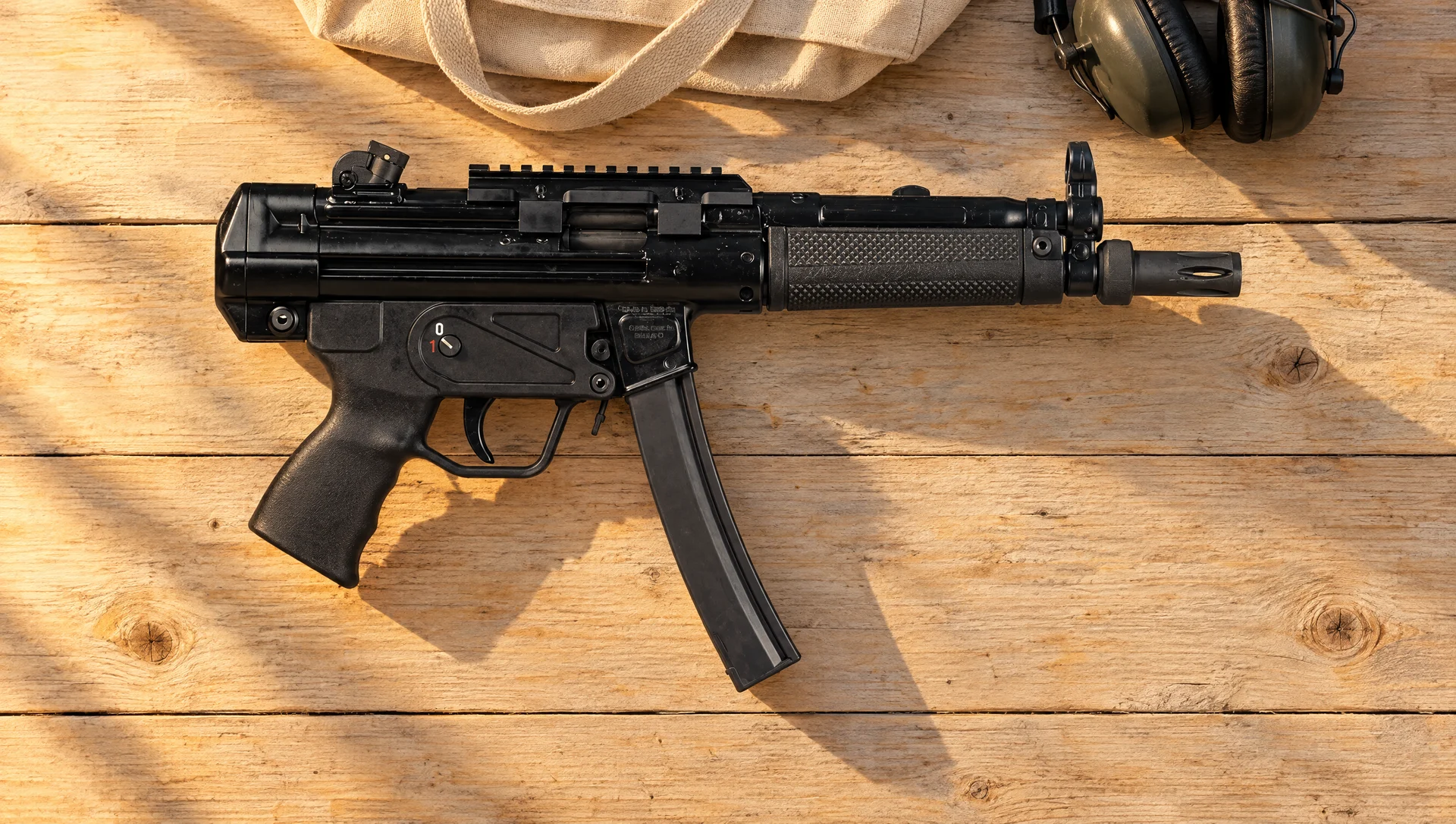 Century Arms AP5 9mm lying flat on a sunlit pine range table beside ear muffs and a canvas bag
