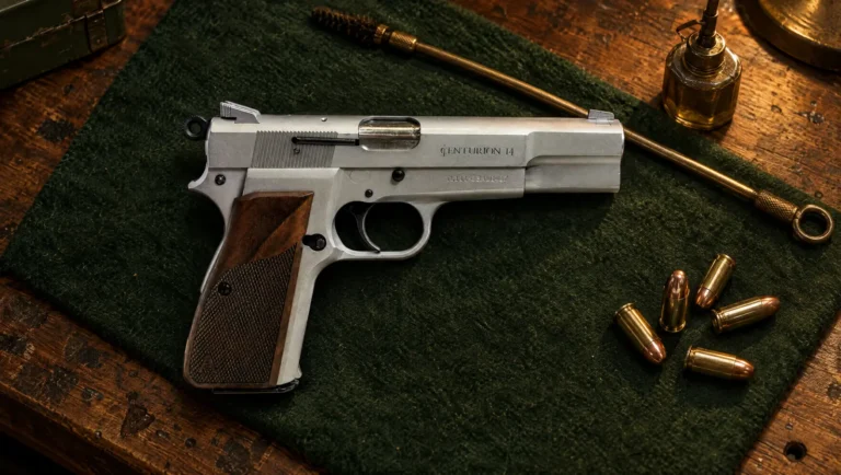 Chrome Century Arms Centurion 14 9mm pistol with checkered wood grips, slide marked Centurion 14, lying on green felt on a wooden workbench beside a brass cleaning rod and 9mm cartridges
