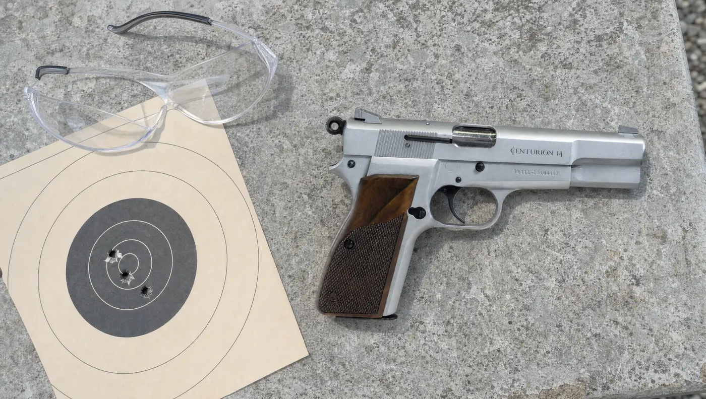 Chrome Century Arms Centurion 14 lying on a concrete range bench beside a paper target, safety glasses and an empty magazine