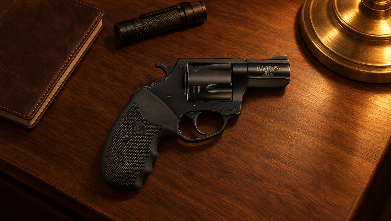 Charter Arms Mag Pug 13520 .357 Magnum revolver in black with CHARTER ARMS on the barrel, lying on a walnut nightstand beside a flashlight and a notebook under lamplight