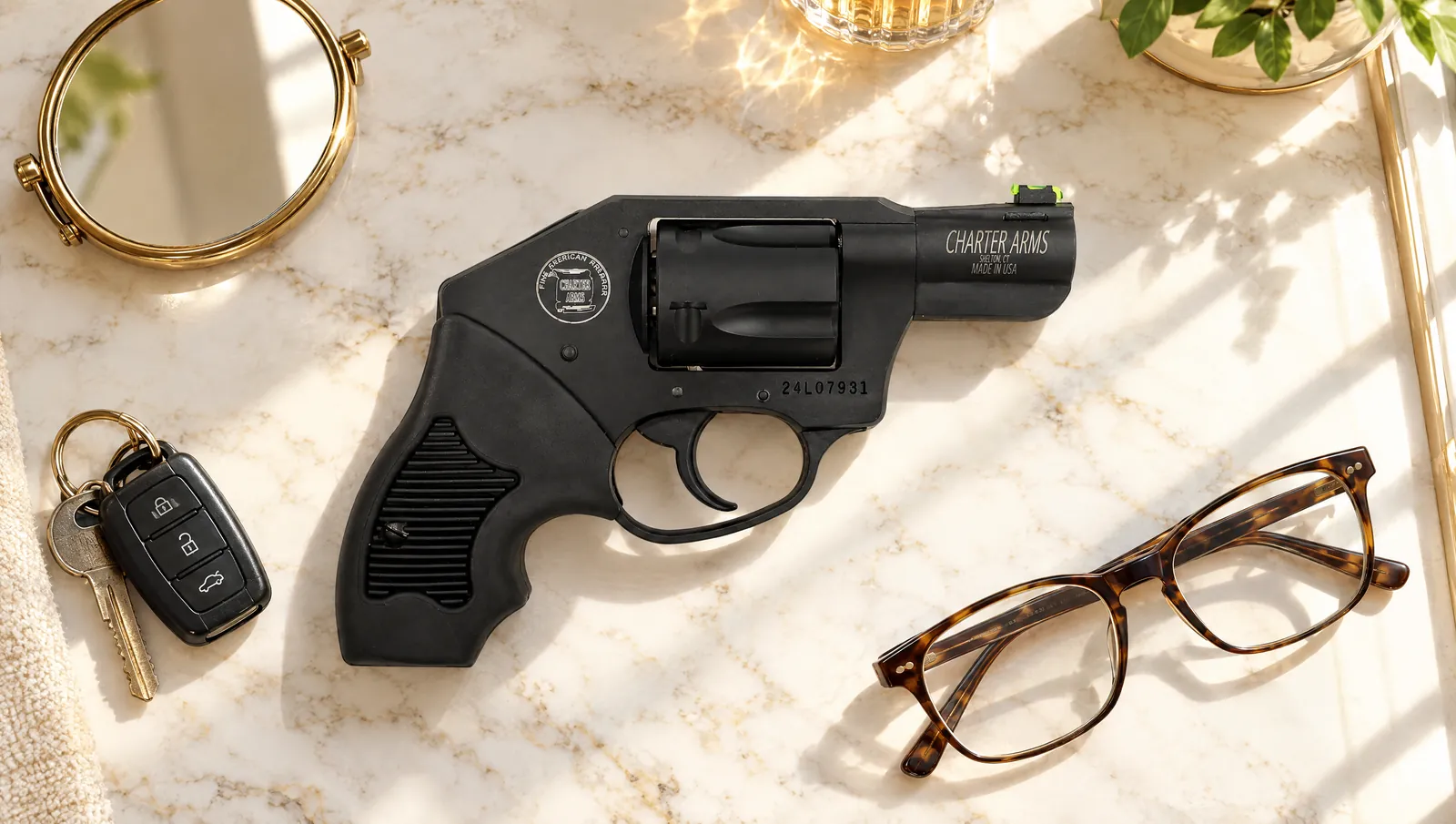 Charter Arms Off Duty 53711 in black with an enclosed hammer and green fiber optic front sight lying on a marble counter beside car keys, reading glasses and a small brass mirror in morning light