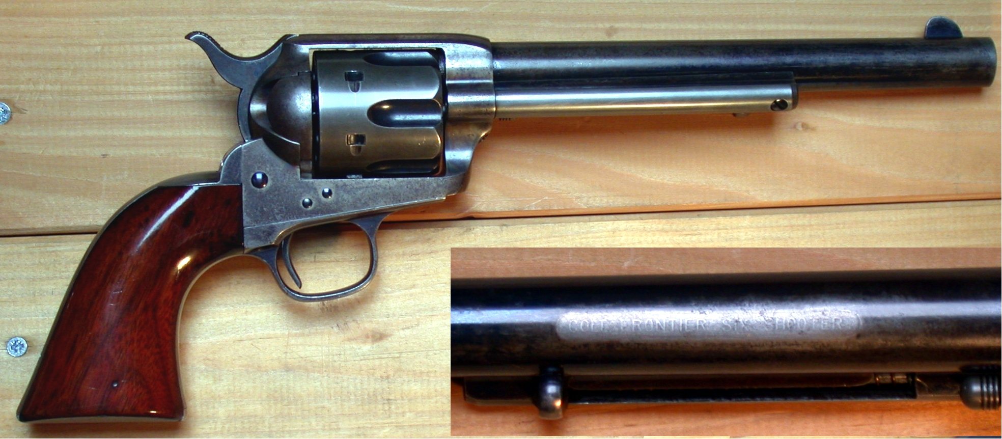 Colt Frontier Six Shooter revolver in .44-40 with an inset of its etched barrel marking