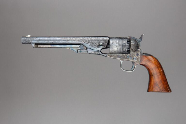 An engraved Colt Model 1860 Army percussion revolver with a blued barrel and walnut grip, serial number 7569, photographed by The Metropolitan Museum of Art