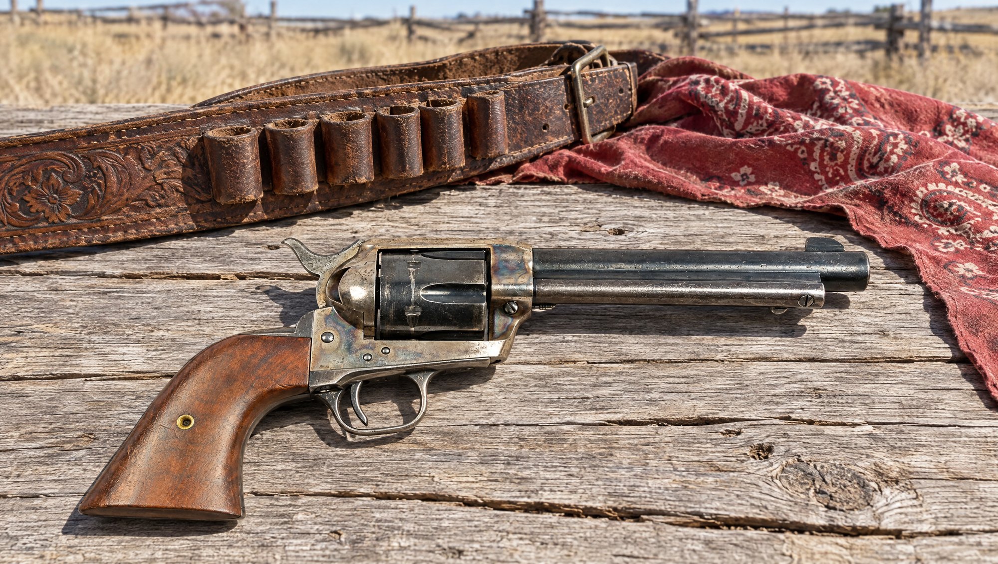 Colt Single Action Army revolver lying on a weathered wood table beside a leather cartridge belt