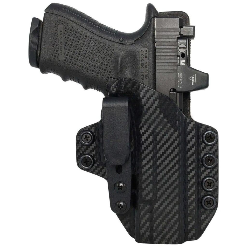 Concealment Express Leather Hybrid holster with a carbon fiber Kydex shell and leather backer holding a Glock