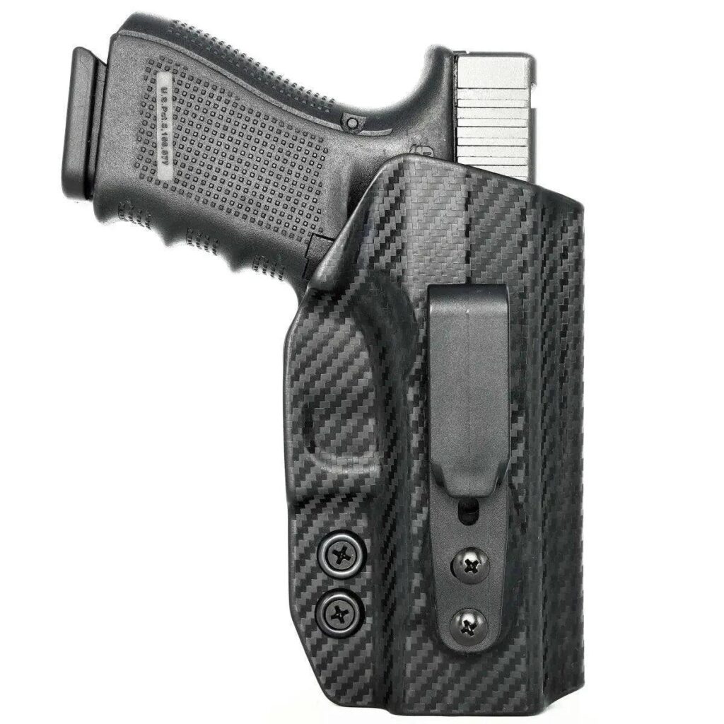 Concealment Express Tuckable IWB holster in carbon fiber black Kydex with a Glock 19