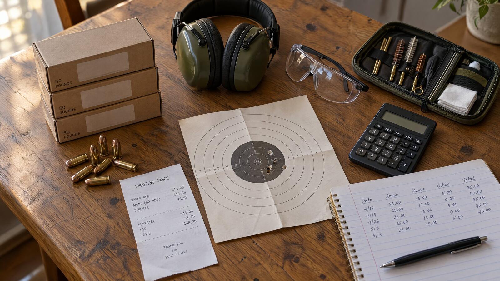Boxes of 9mm ammo, a shooting range receipt, a target, ear muffs, a cleaning kit, a calculator and a notebook of costs on a kitchen table