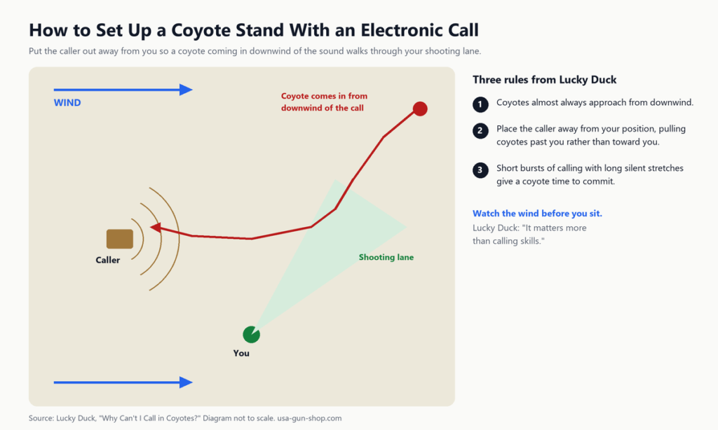 Diagram of a coyote stand: wind direction, electronic caller placed away from the hunter, coyote approaching from downwind through the shooting lane