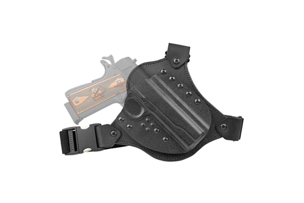 CrossBreed Chest Rig with a leather backer, Kydex pocket and buckled straps
