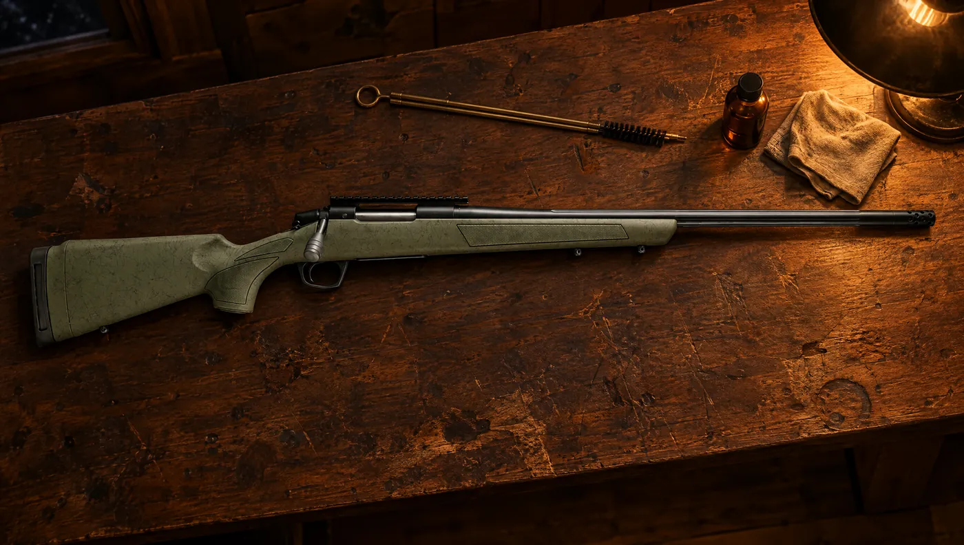 CVA Cascade XT bolt-action rifle with OD Green black web stock, fluted barrel, radial muzzle brake and oversized bolt knob lying on a walnut workbench beside a cleaning rod and an oil bottle