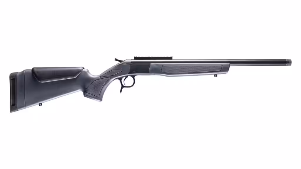 A CVA Scout single-shot break-action rifle with a gray synthetic stock, exposed hammer and threaded barrel on a white background