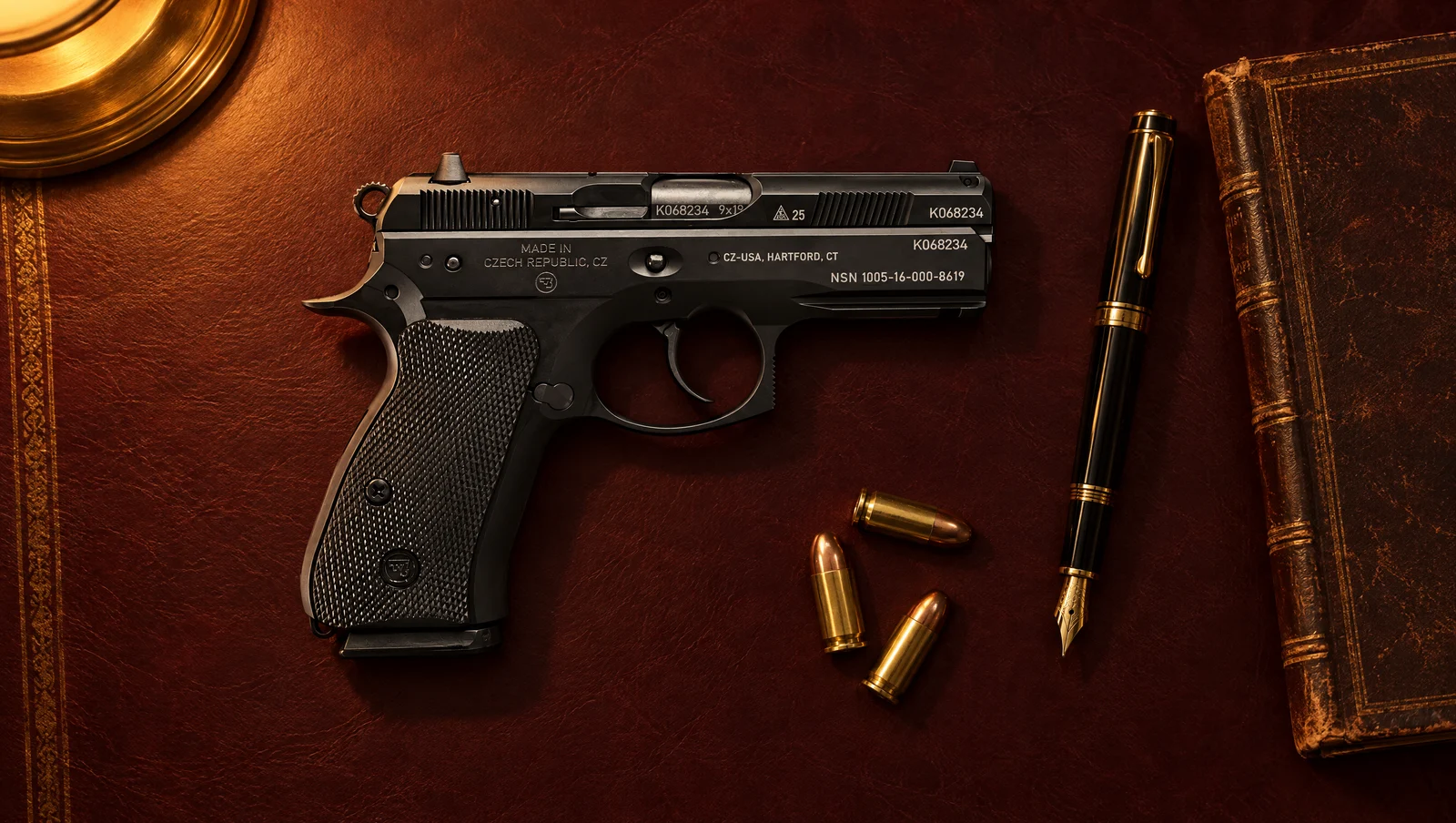 CZ 75 P-01 50th Anniversary 9mm lying flat on a leather desk beside a fountain pen and three cartridges