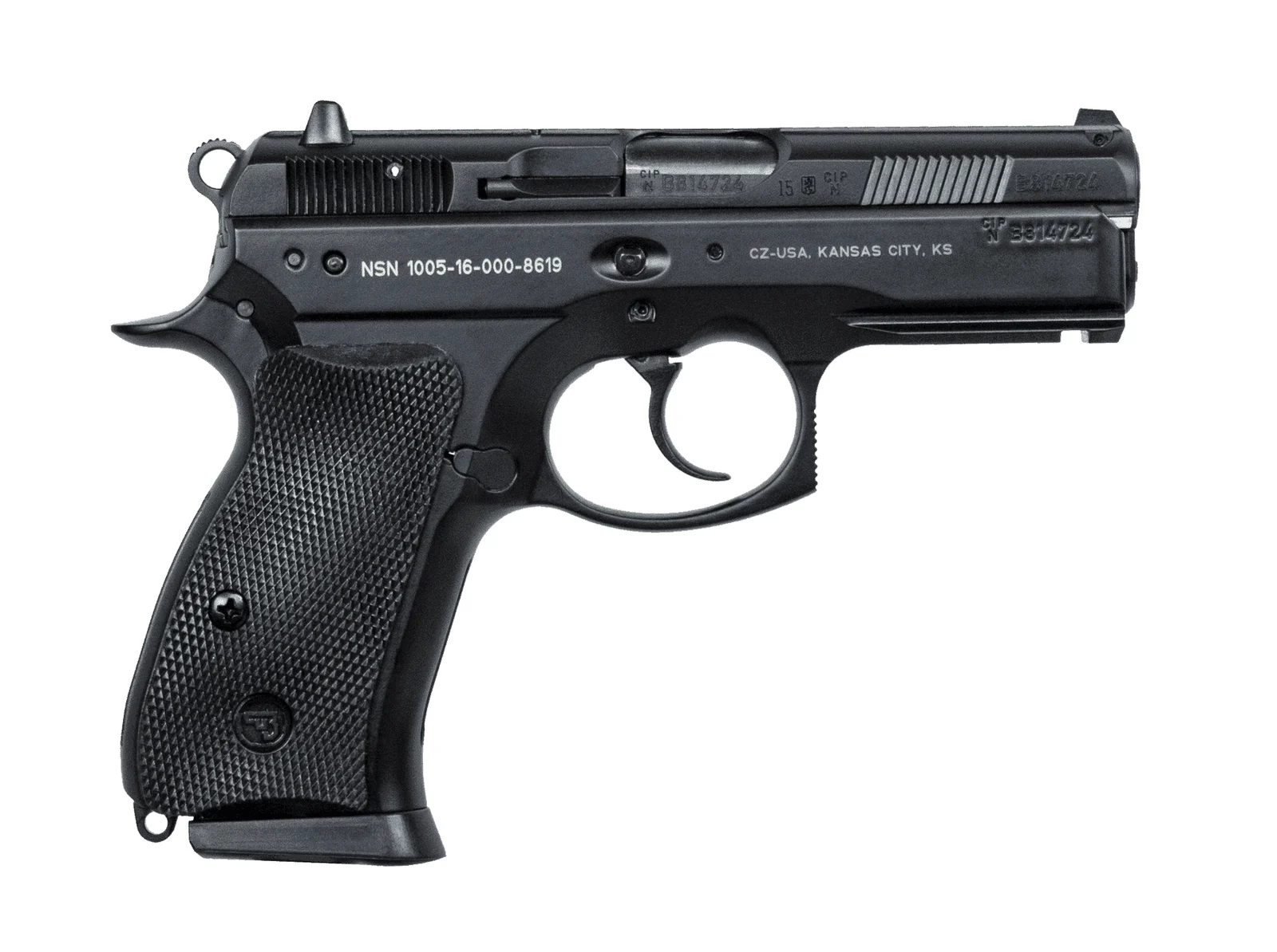 Right side of the CZ 75 P-01 showing the NATO stock number NSN 1005-16-000-8619 on the slide
