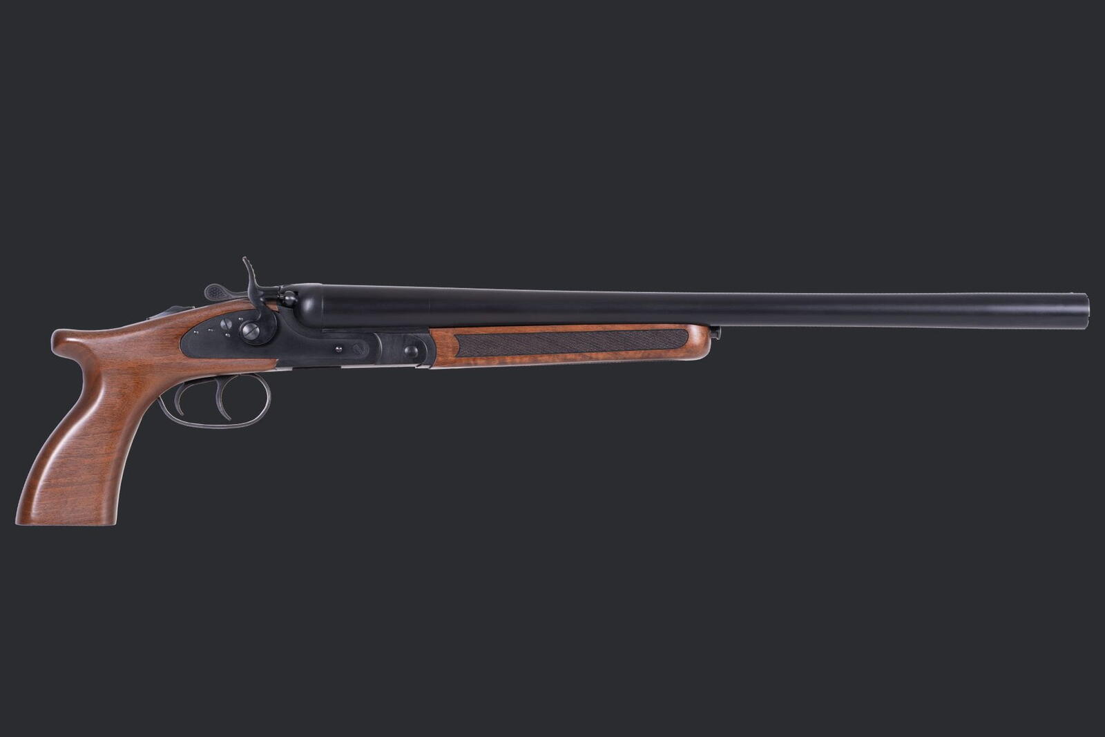 Derya EX1400 Coach 12-gauge hammer side-by-side, 18-inch barrels, shown with the extra short grip fitted