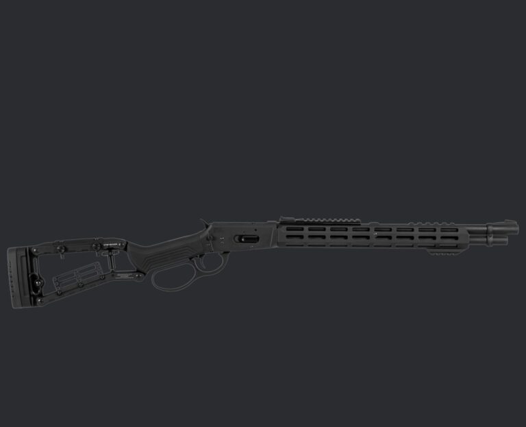 Derya EX1500 18-inch Ironwolf lever-action .410 shotgun in black Melonite, right side, on a dark gray background