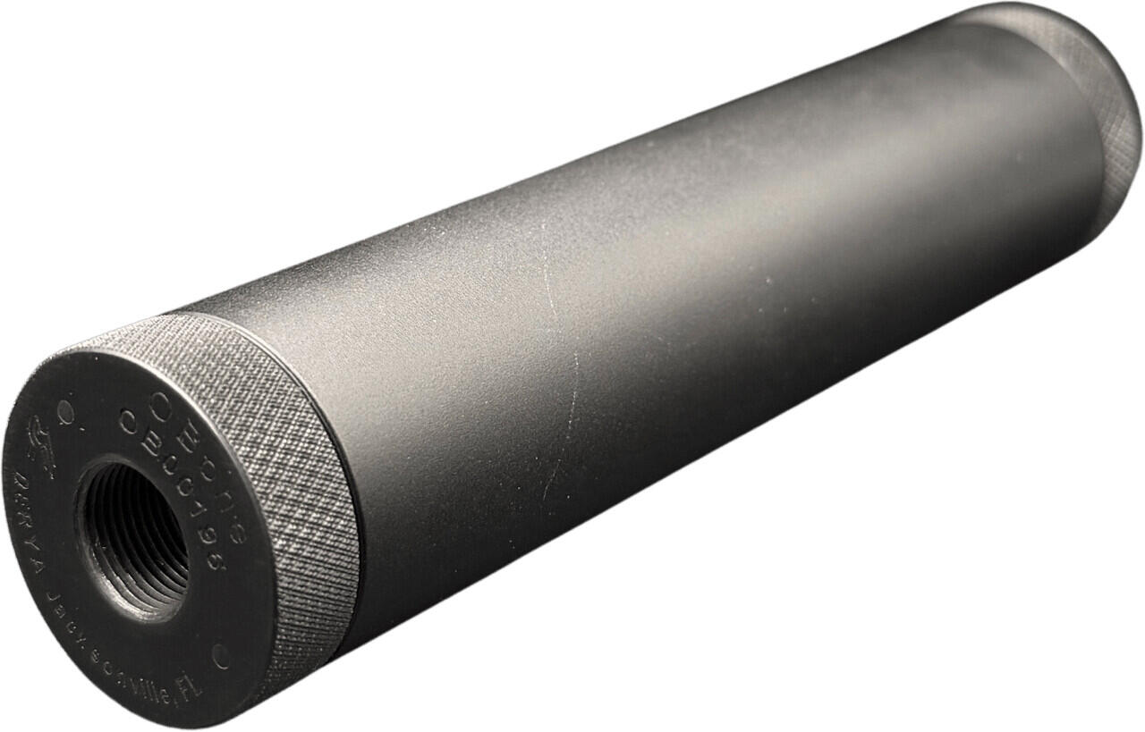 Derya OBone .22 LR suppressor, angled view of the knurled steel mount engraved OBone and Derya Jacksonville, FL