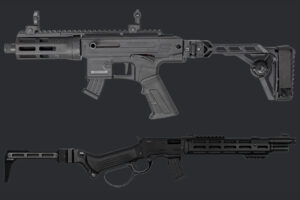 Derya TM22 Fresh pistol with brace extended, above the RANX Mag Fed lever-action .22 pistol, on a dark background