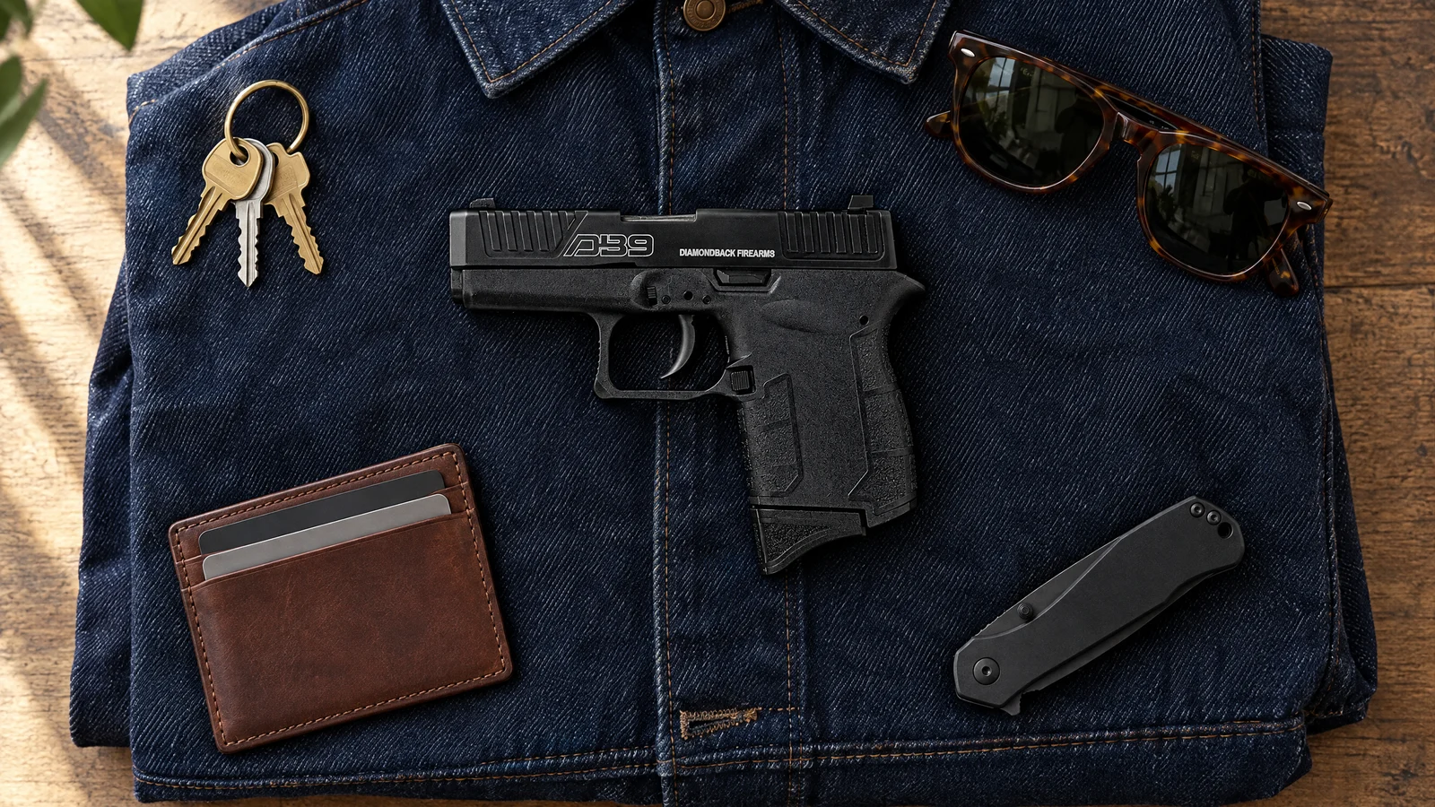 Diamondback DB9 Gen 4 9mm pistol lying flat on a dark denim jacket beside keys, sunglasses, a card wallet and a folding knife
