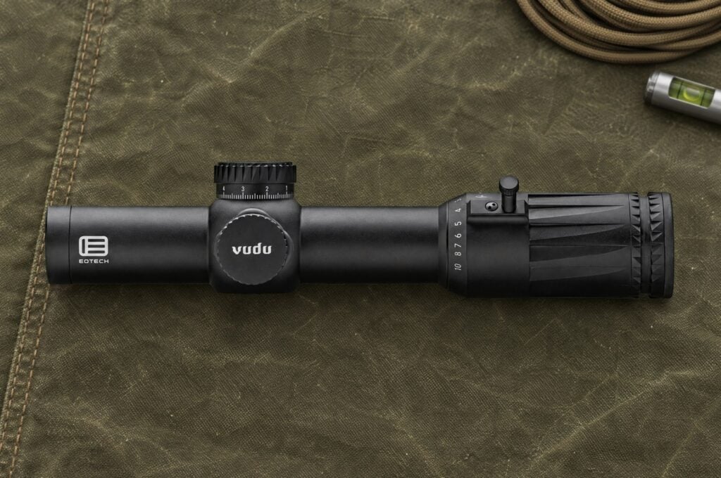 EOTech Vudu 1-10 power first focal plane rifle scope lying on an olive canvas shooting mat