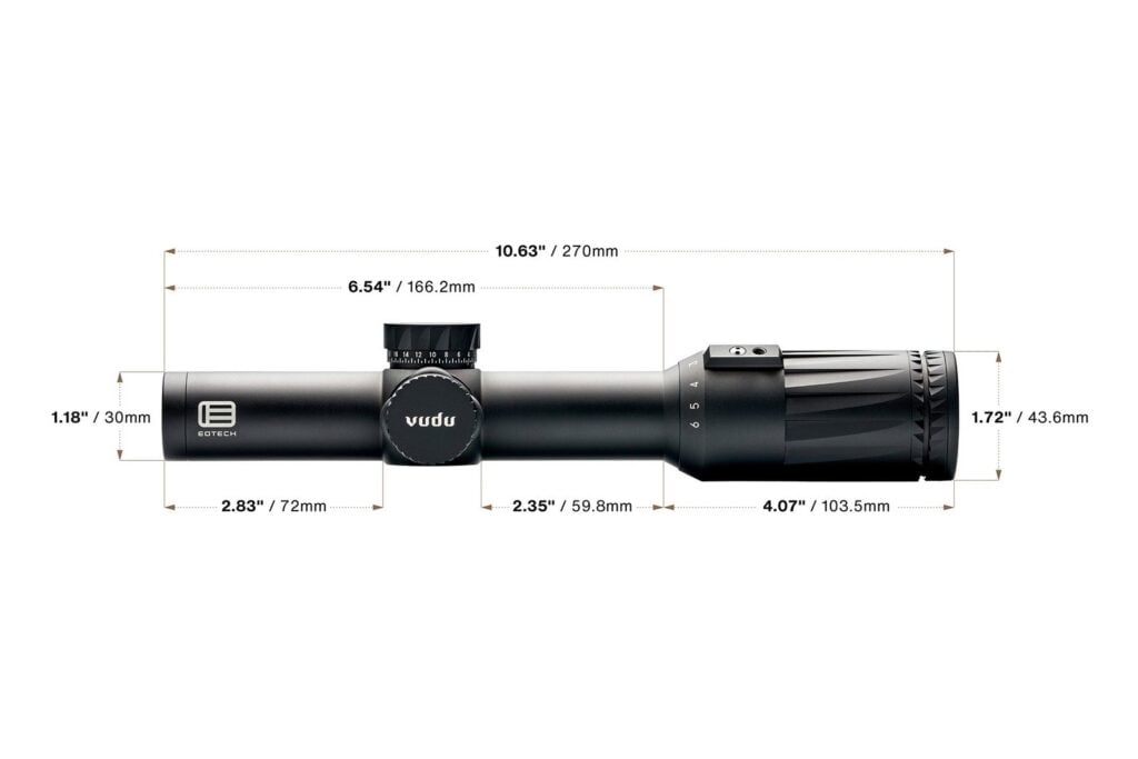 EOTech dimension drawing of the Vudu 1-6 power scope showing tube lengths for ring spacing